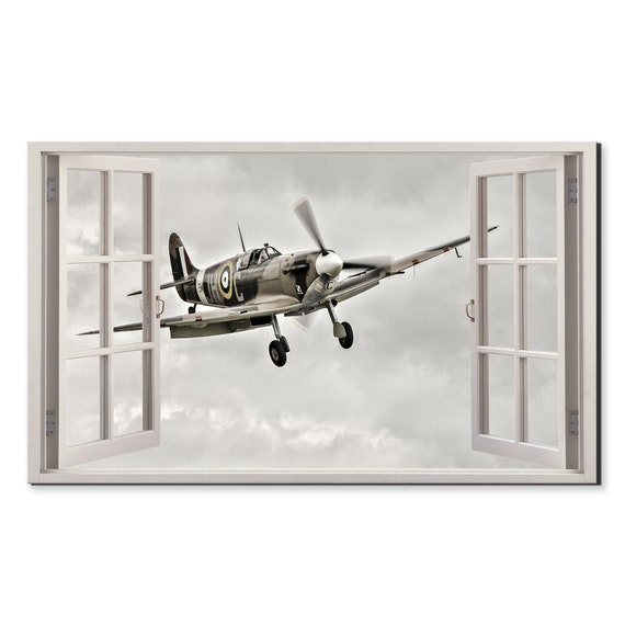 Supermarine Spitfire Plane In The Sky Window View Window Frame Style Modern Design Home Decor Print Wall Art Picture Ready To Hang