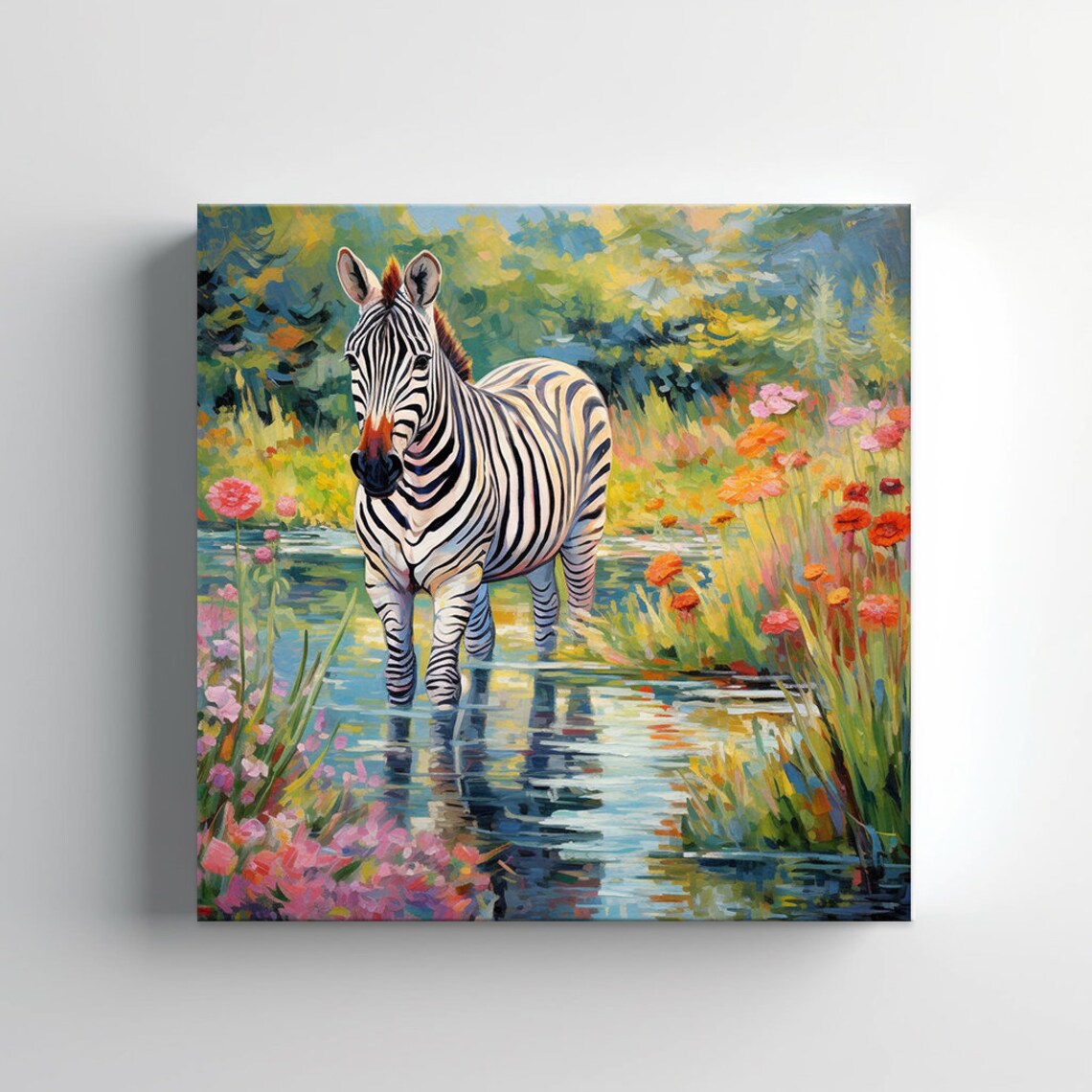 Zebra Standing By River Colorful Wildflower Impressionist Style Poster - Image 2