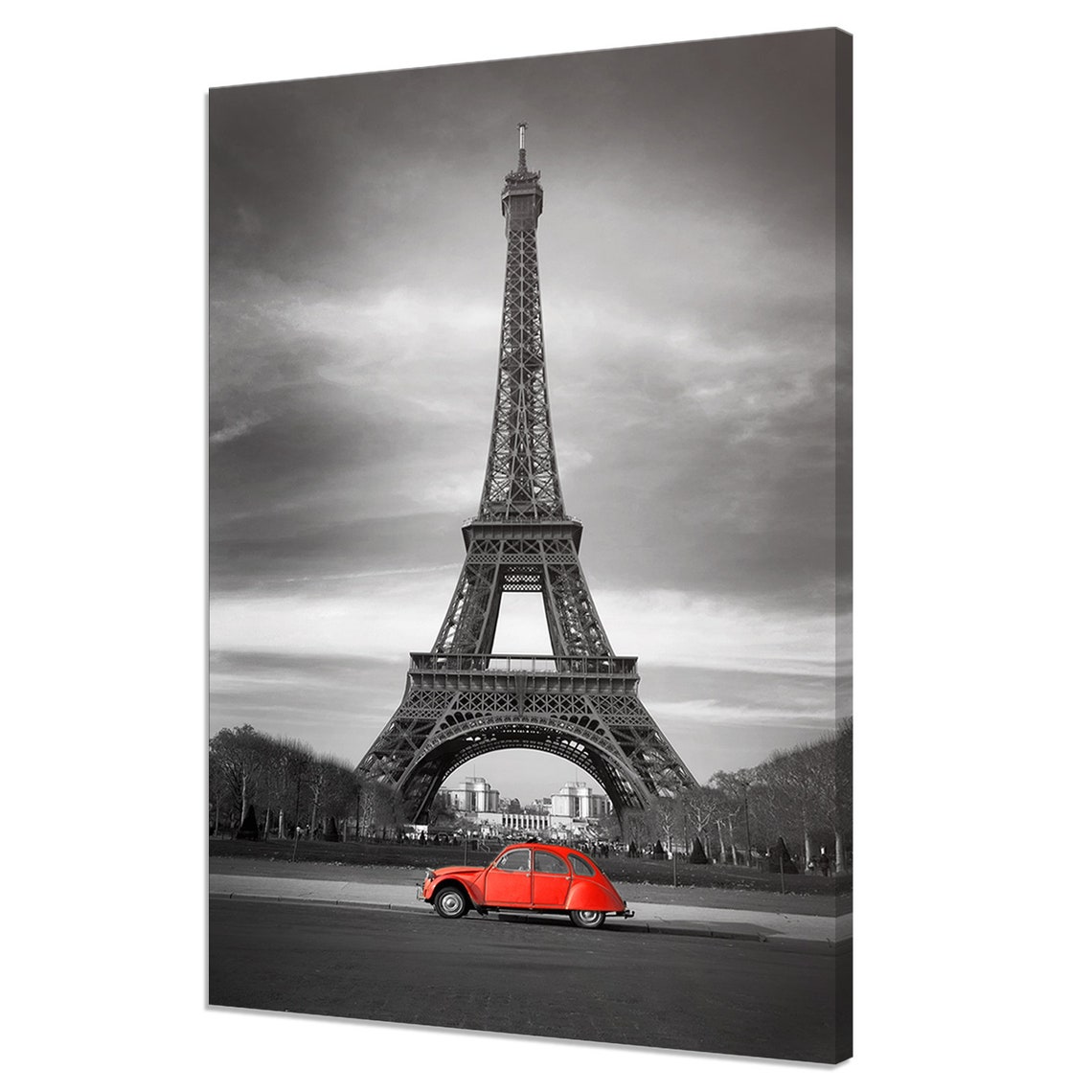 Eiffel Tower Paris With Vintage Red Car Black and White Poster
