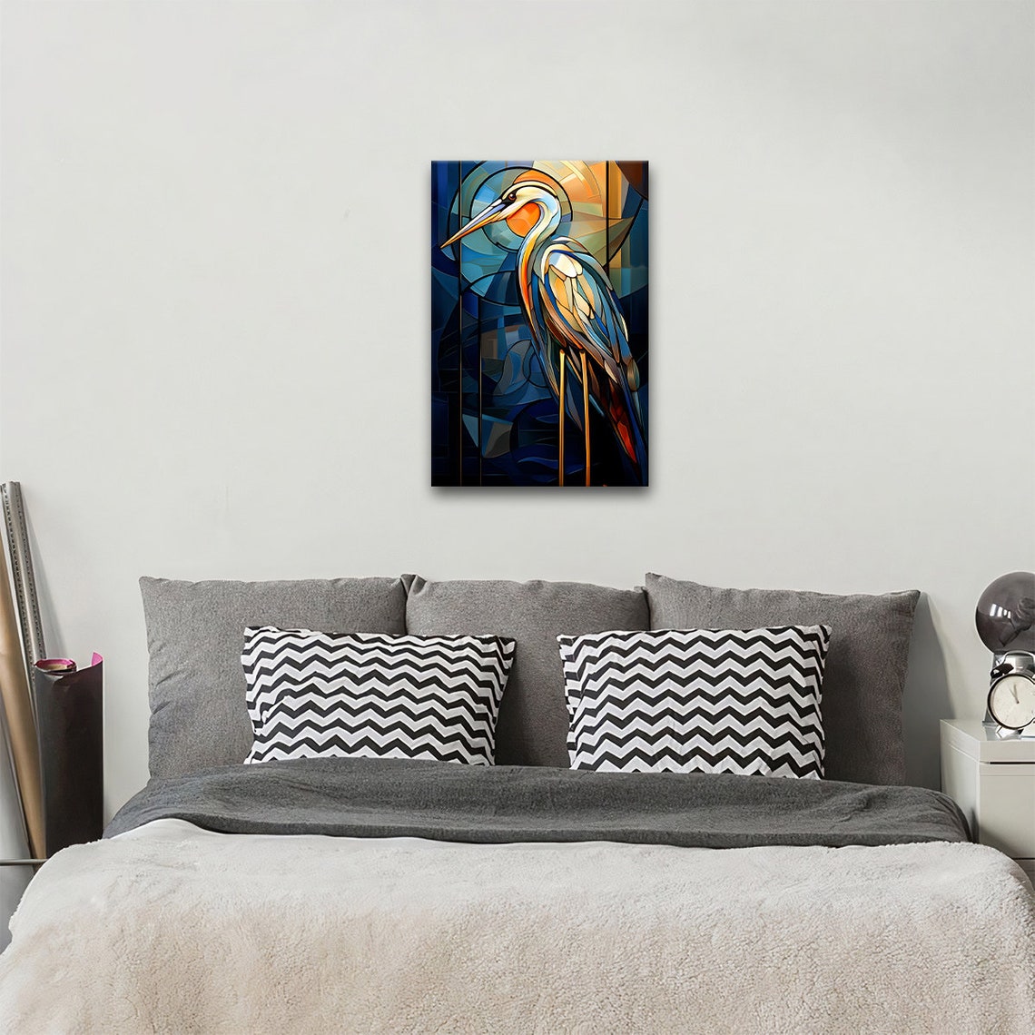 Stained Glass Heron Bird Blue Gold Panels Elegant Bird Wall Art Print - Image 2