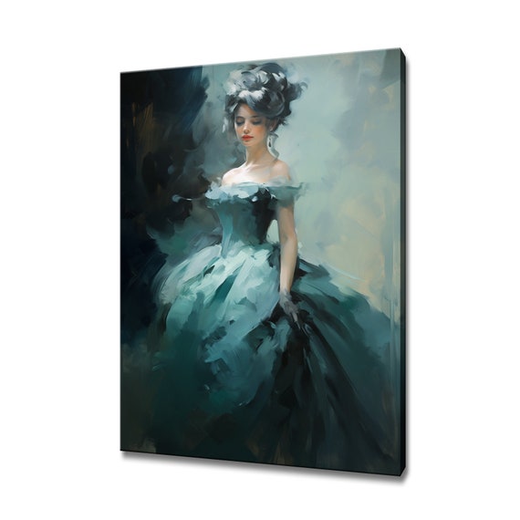 Elegant Lady In Teal Grey Victorian Baroque Puffy Dress Painting Style Print Modern Home Decor Fashion Wall Art Gift For Her