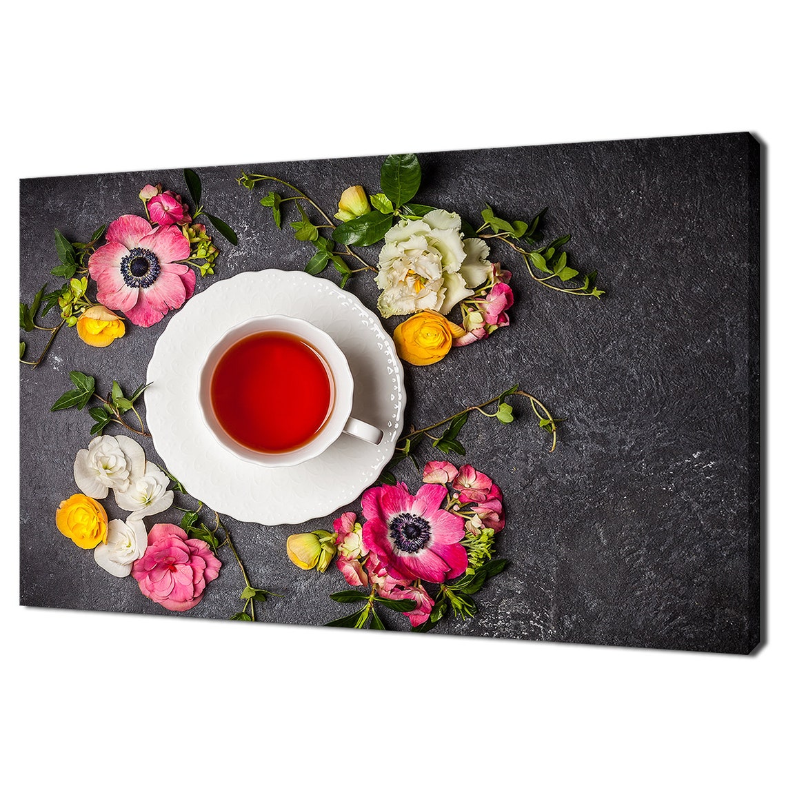 Cup Of Tea With Colorful Flowers Flat Lay On Dark Slate Wall Poster