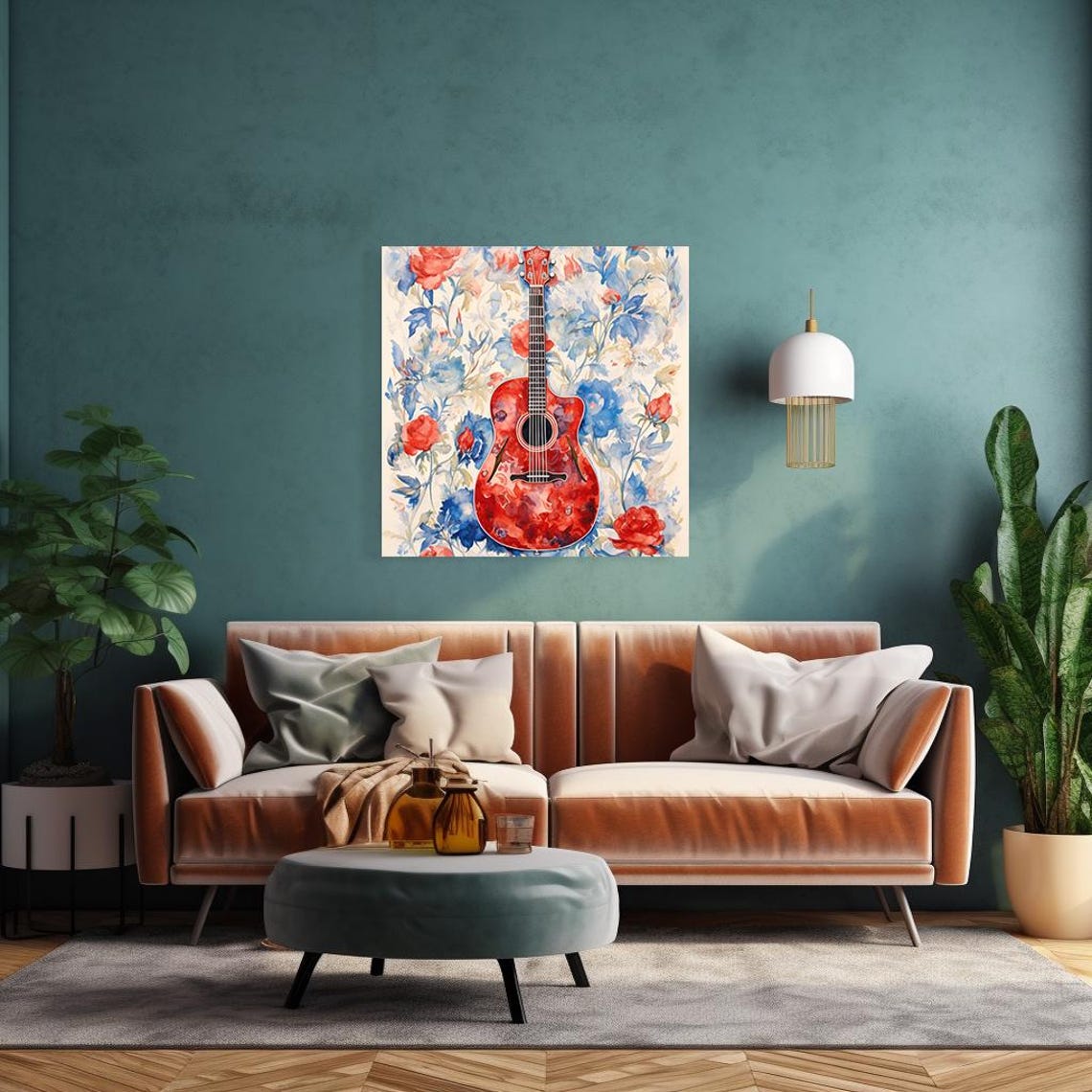 Red Acoustic Guitar Watercolor With Blue Red Floral Music Art Poster - Image 4