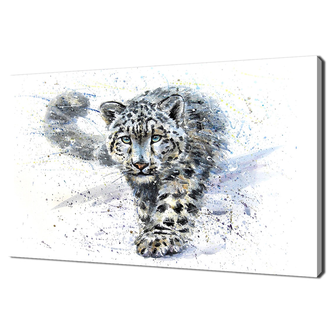 Snow Leopard Watercolor Splash Painting Pouncing Wild Cat Wildlife Poster