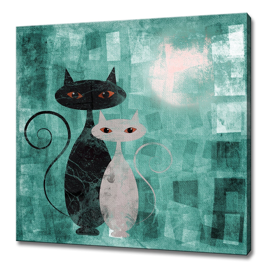 Two Stylized Cats Teal Background Orange Eyes Modern Abstract Wall Art