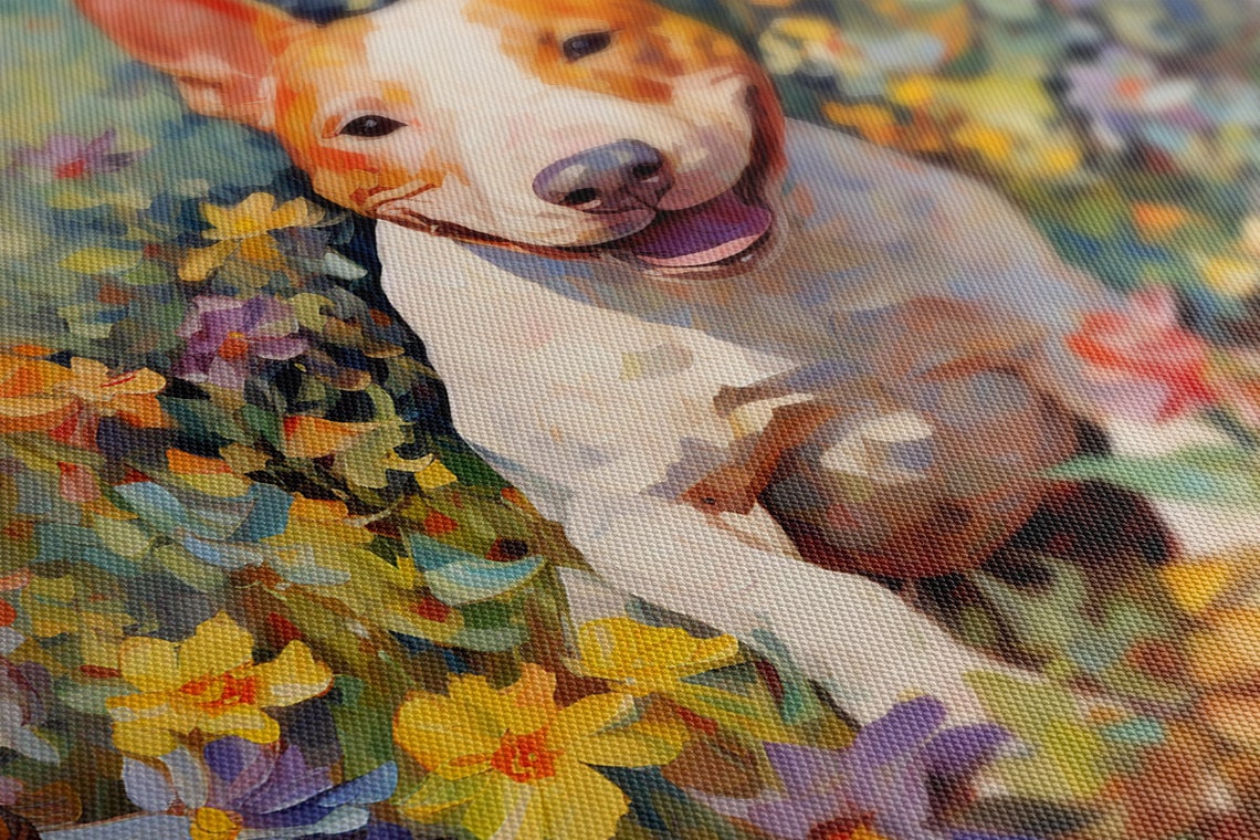 Cute White Bull Terrier Dog In Flowers Animal Print Gift For Dog Lover Colourful Dog Portrait Painting Print Dog Pet Wall Art - Image 2