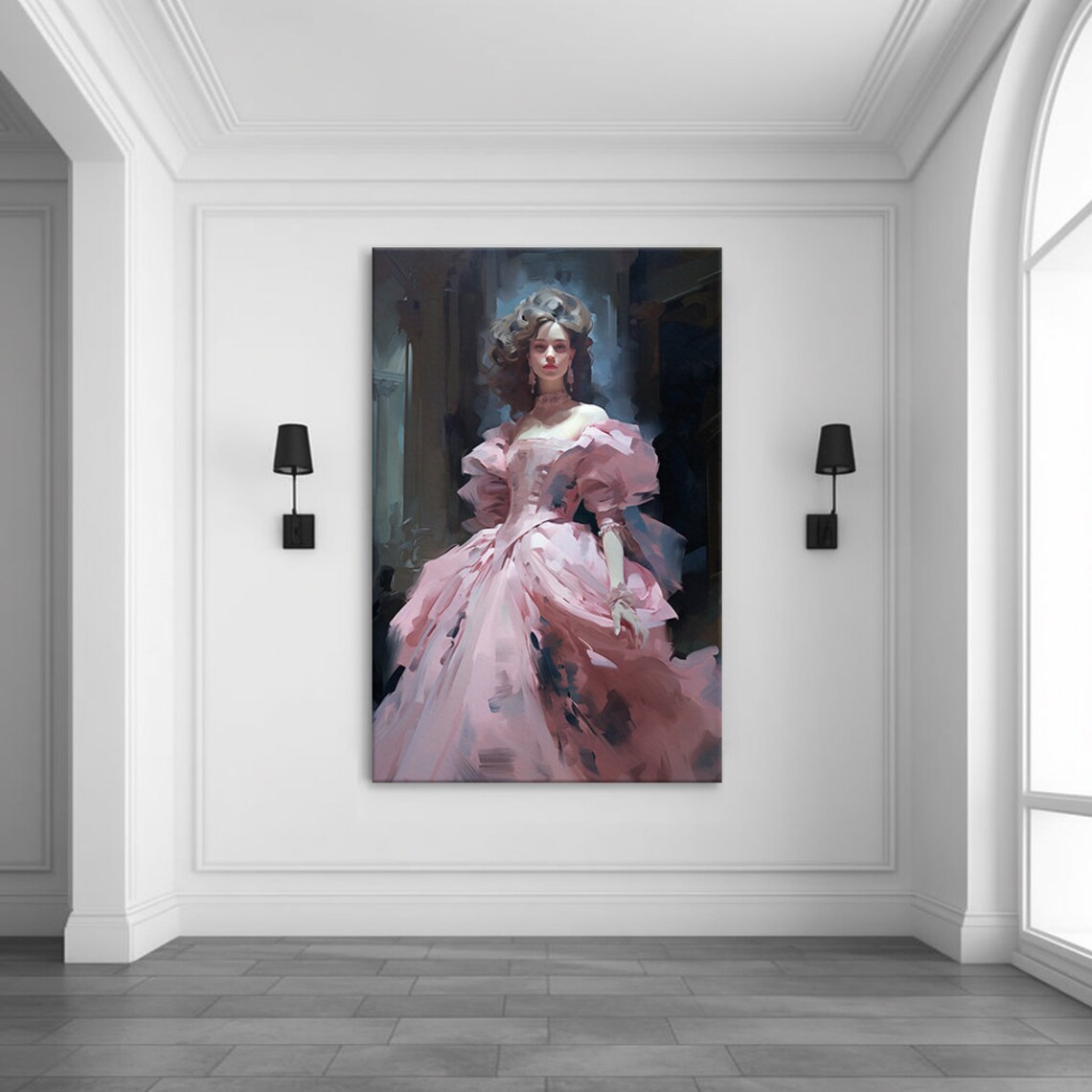 Elegant Lady in Blush Pink Victorian Gown Grand Hall Portrait Poster - Image 3