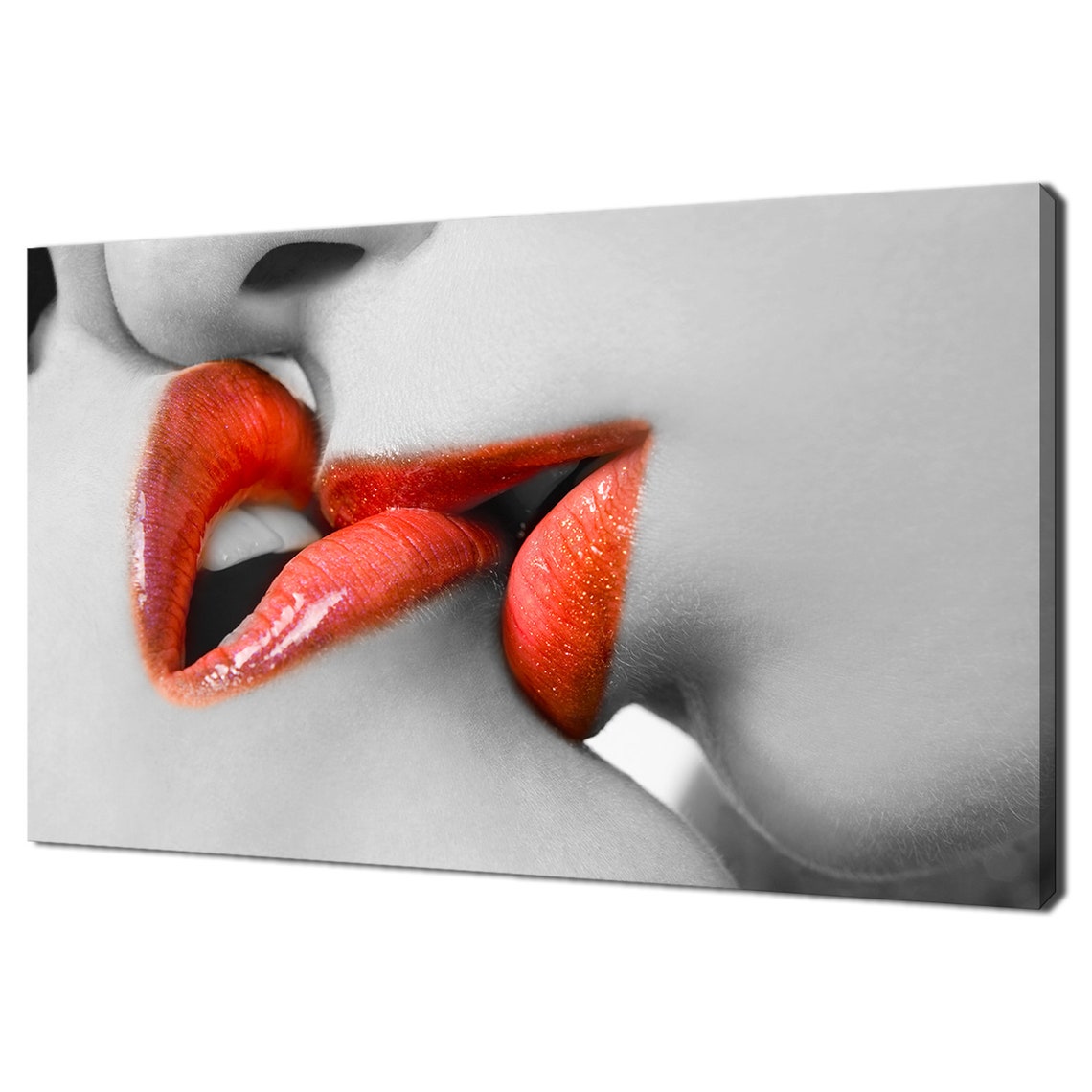Red Lips Kiss Close Up Selective Color Romantic Couple Wall Poster