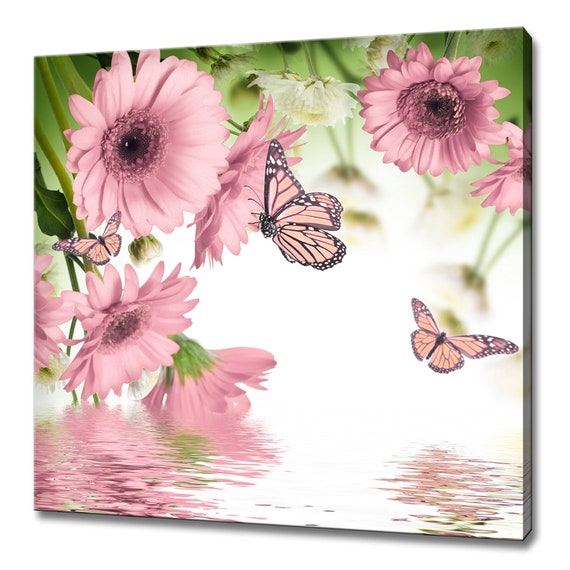 Beautiful Pink Gerbera Daisies Flowers And Butterflies Modern Design Home Decor Print Wall Art Picture Wall Hanging