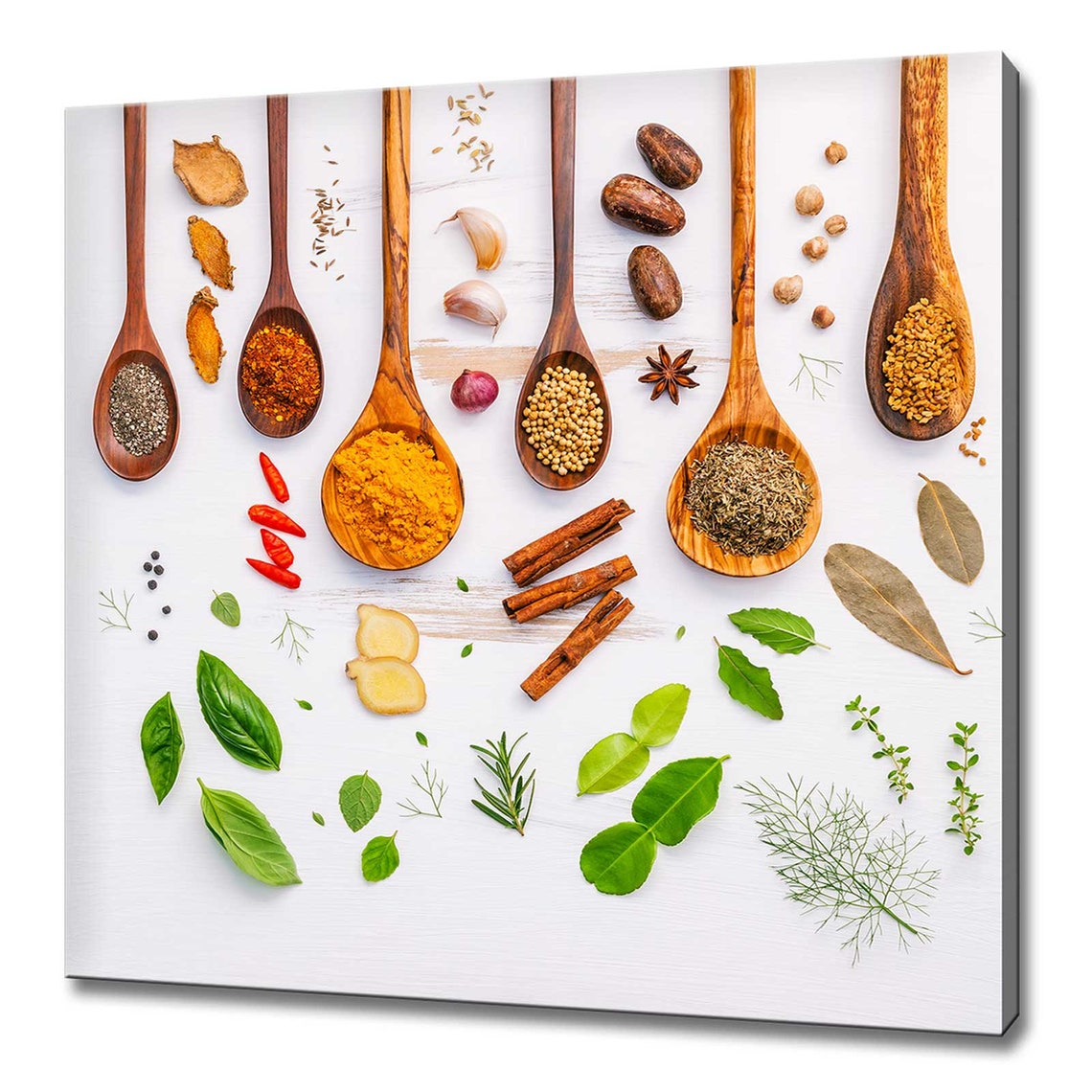Colorful Spices on Wooden Spoons White Background Kitchen Art Print