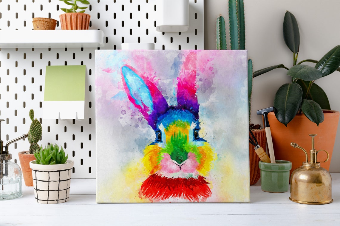 Cute Colourful Rabbit Rainbow Watercolour Bunny Portrait Poster - Image 2