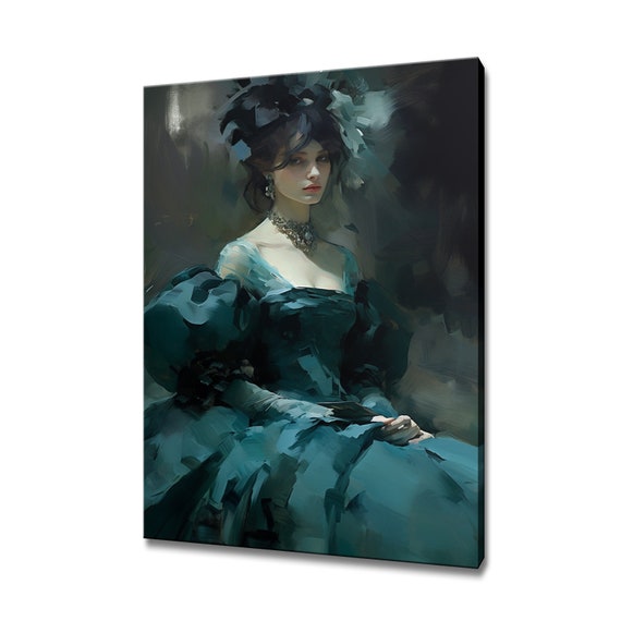 Elegant Lady In Teal Green Victorian Baroque Puffy Dress Painting Style Print Modern Home Decor Fashion Wall Art Gift For Her