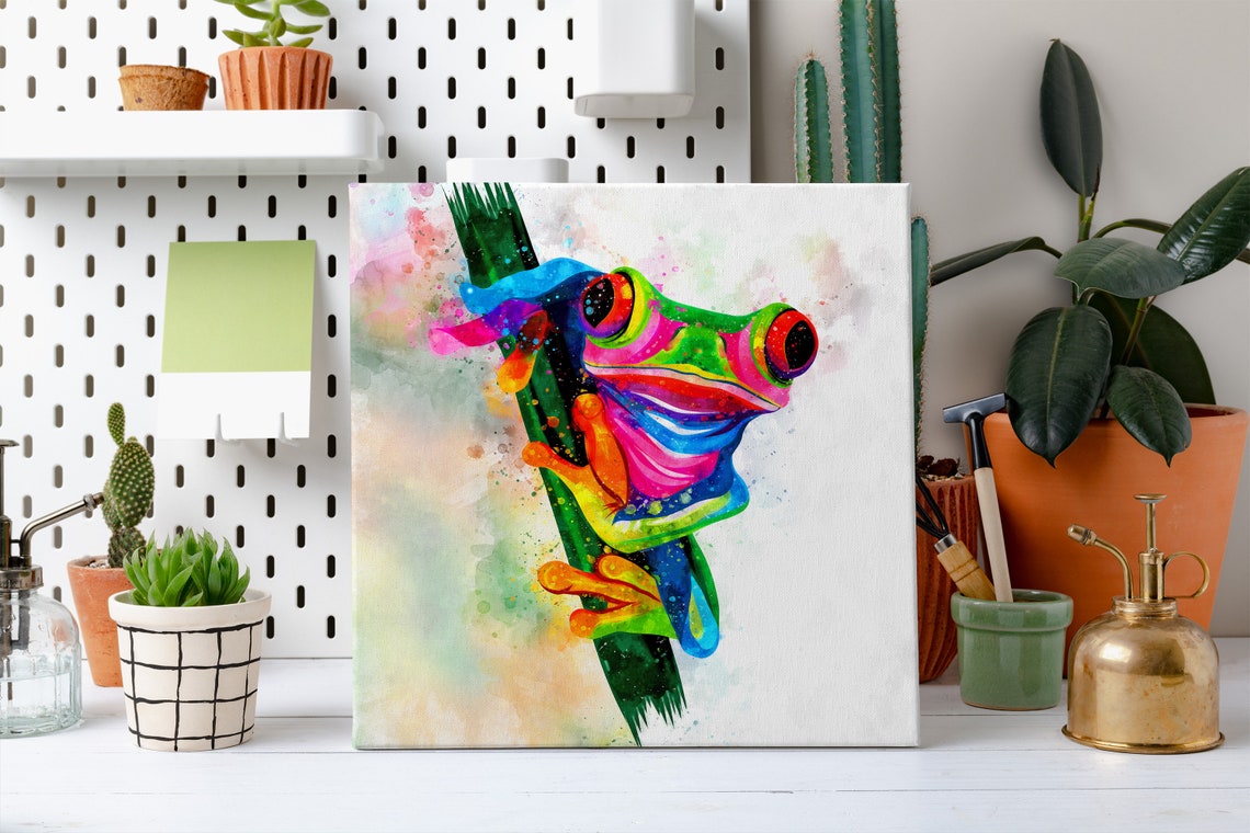 Red Eyed Tree Frog Rainbow Watercolor Perched On A Branch Poster - Image 2