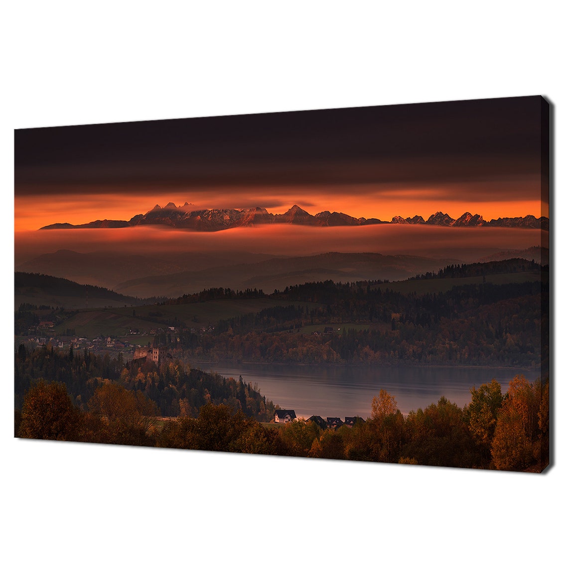 Fiery Red Sunrise Over Tatra Mountains Lake And Village Travel Poster