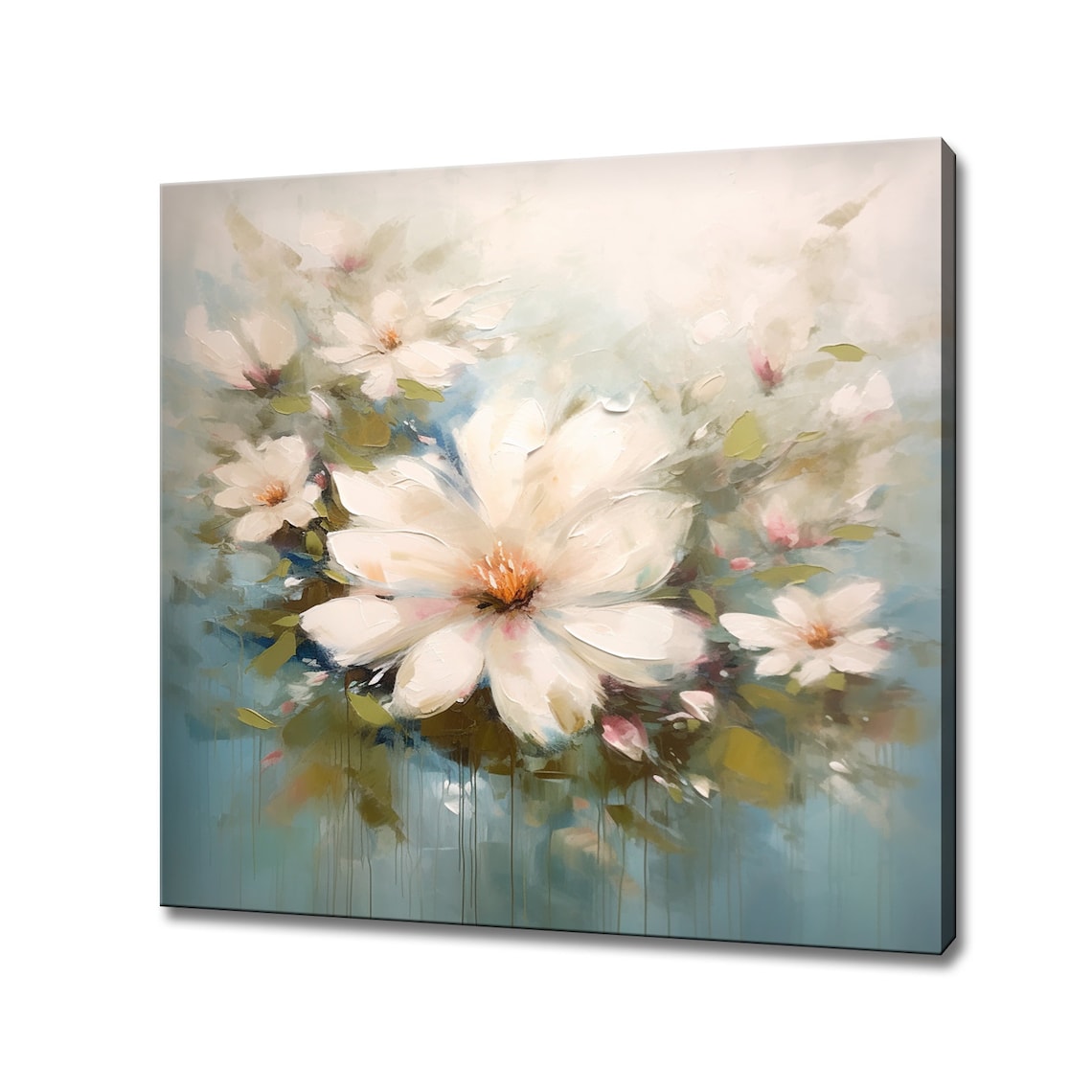 White Flowers Abstract Pastel Blue Oil Painting Style Floral Wall Art