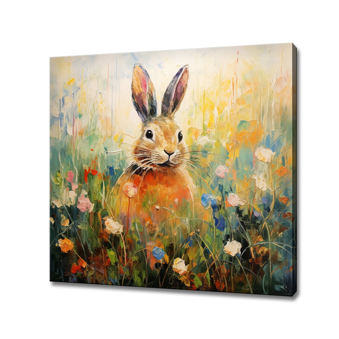 Brown Rabbit In Sunlit Wildflower Meadow Colourful Painting Wall Poster