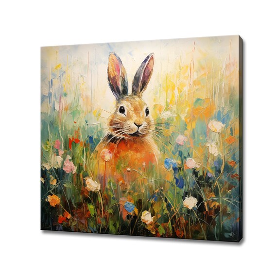 Brown Rabbit In Sunlit Wildflower Meadow Colourful Painting Wall Poster