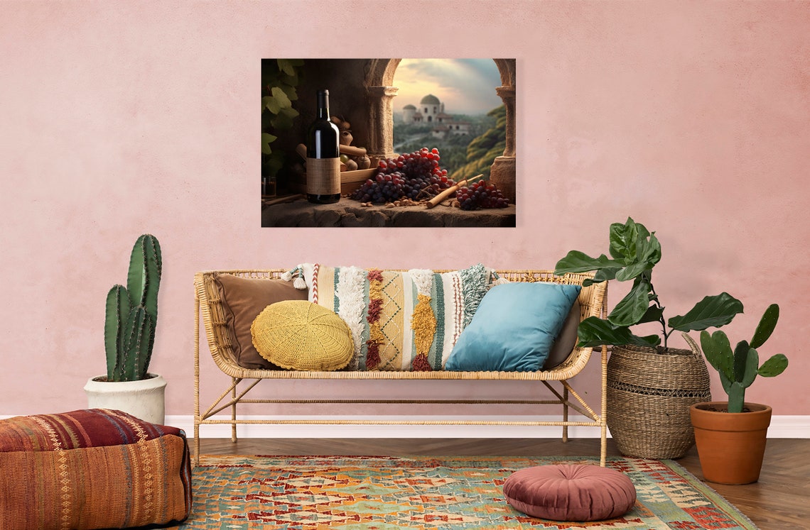 Red Wine Bottle Grapes Stone Window Tuscany Villa View Kitchen Print - Image 4