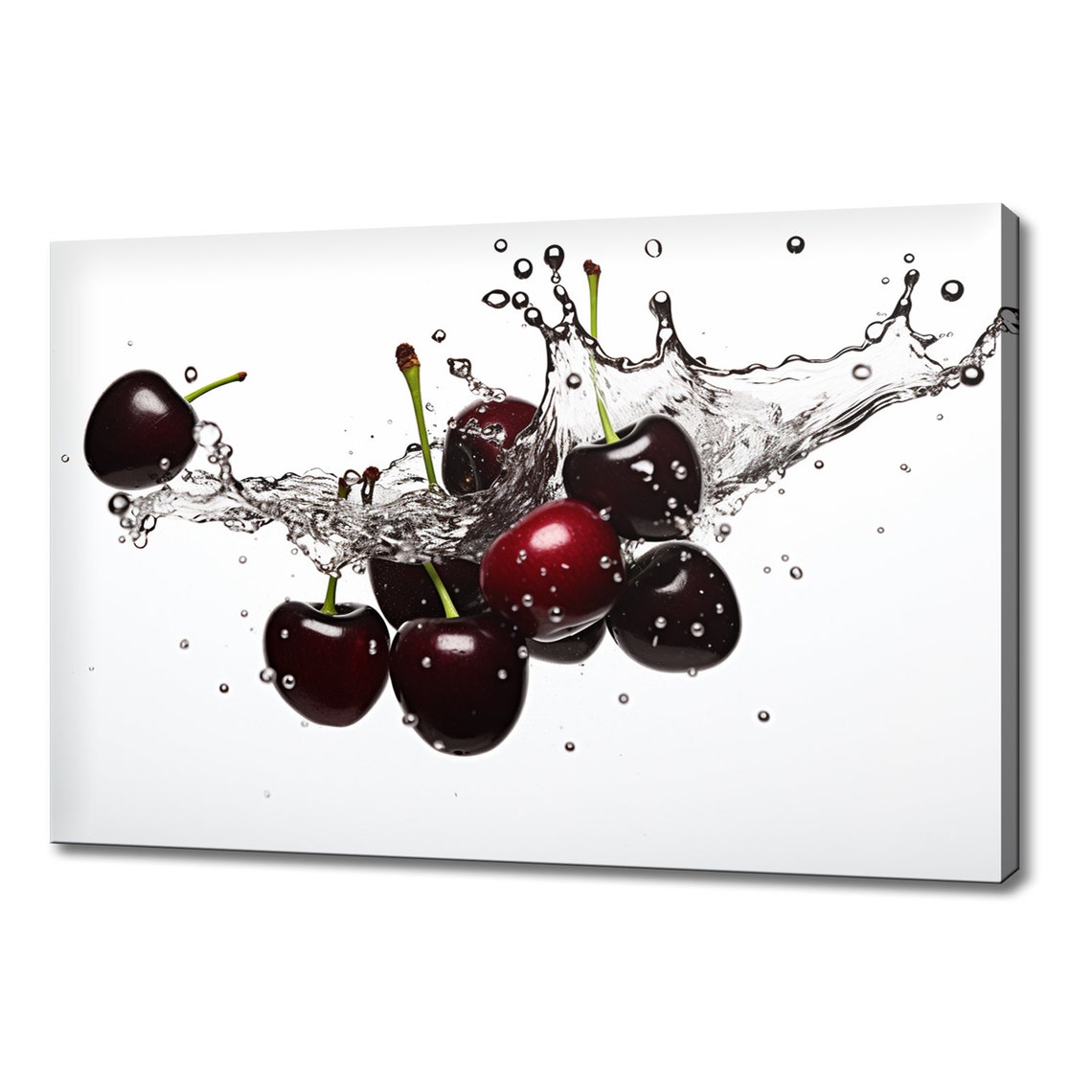 Dark Sweet Cherries Water Splash Colorful Kitchen Wall Art Print