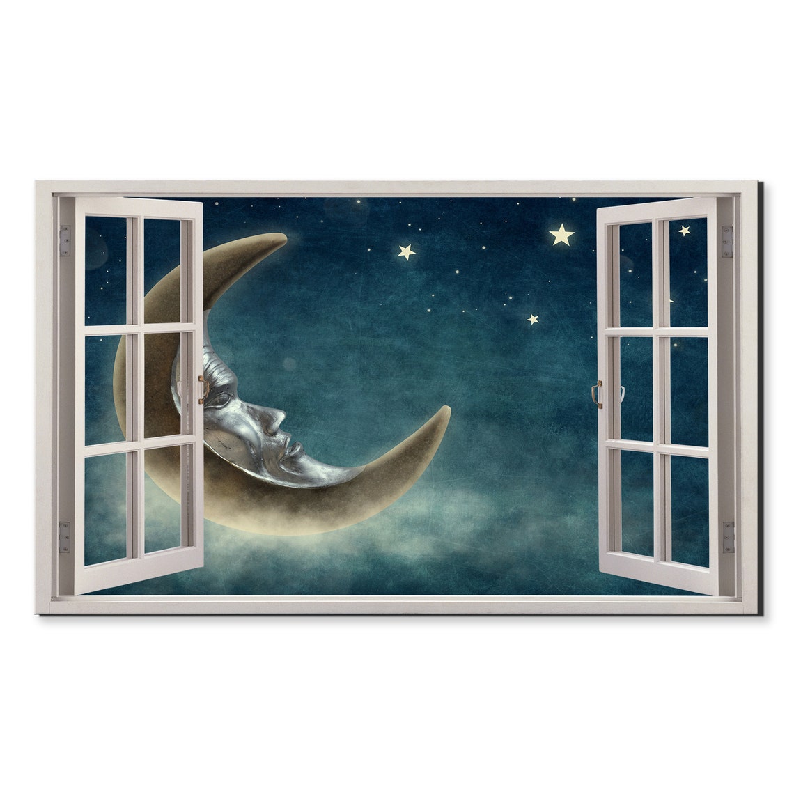 Crescent Moon With Face Starry Night Sky Whimsical Wall Art Print
