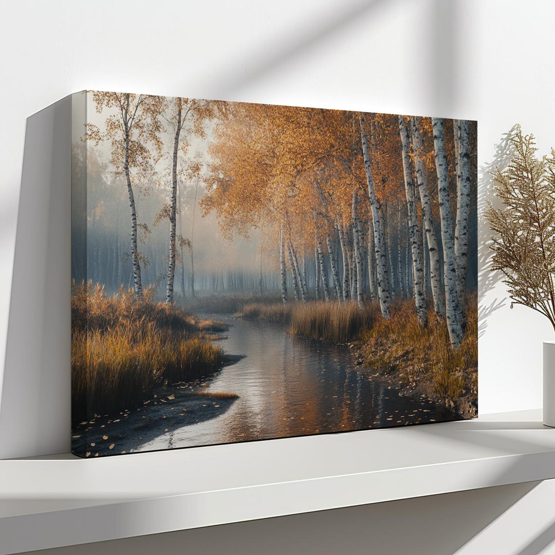 Golden Birch Forest Autumn River Sunlit Misty Woodland Scene Poster - Image 4