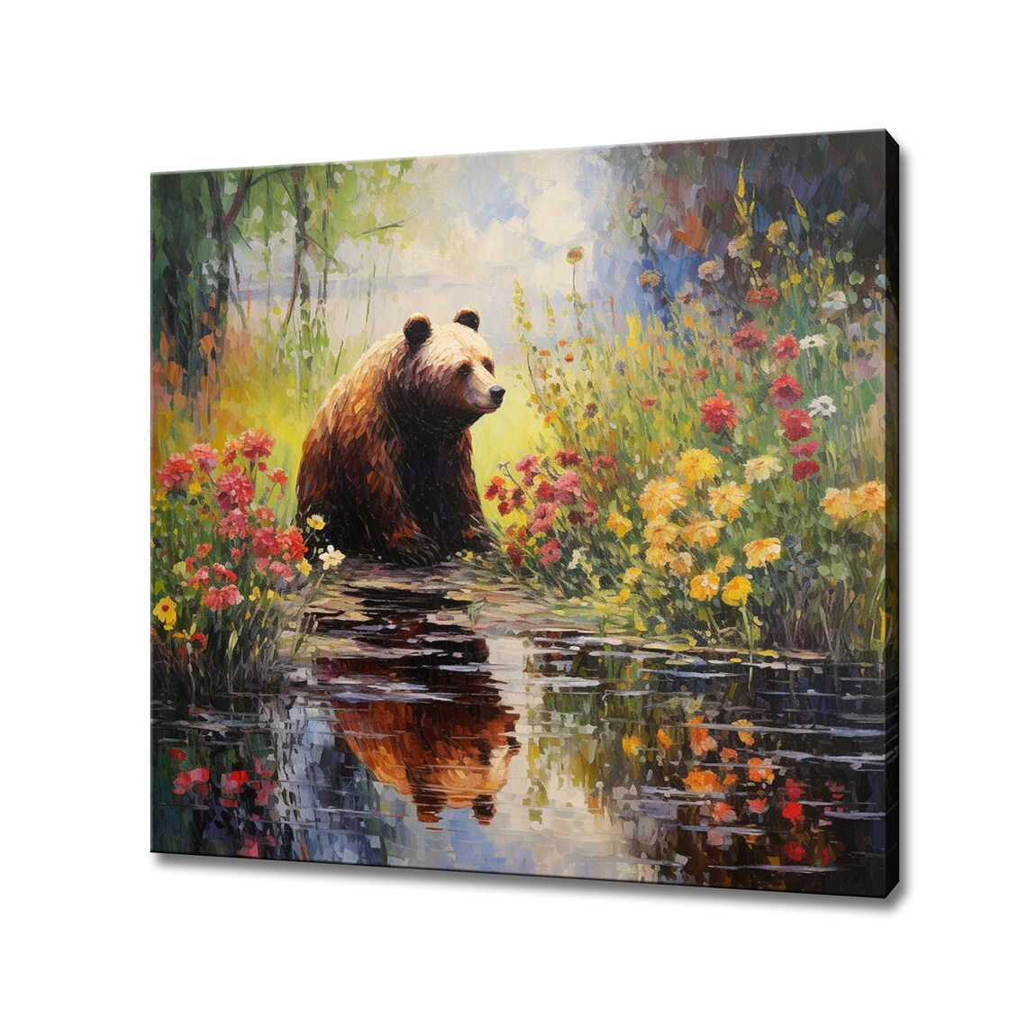 Brown Bear in Flowers by the River, Painting Print