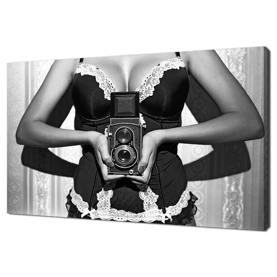 Woman in Lace Lingerie Holding Vintage Camera Black and White Photo Print