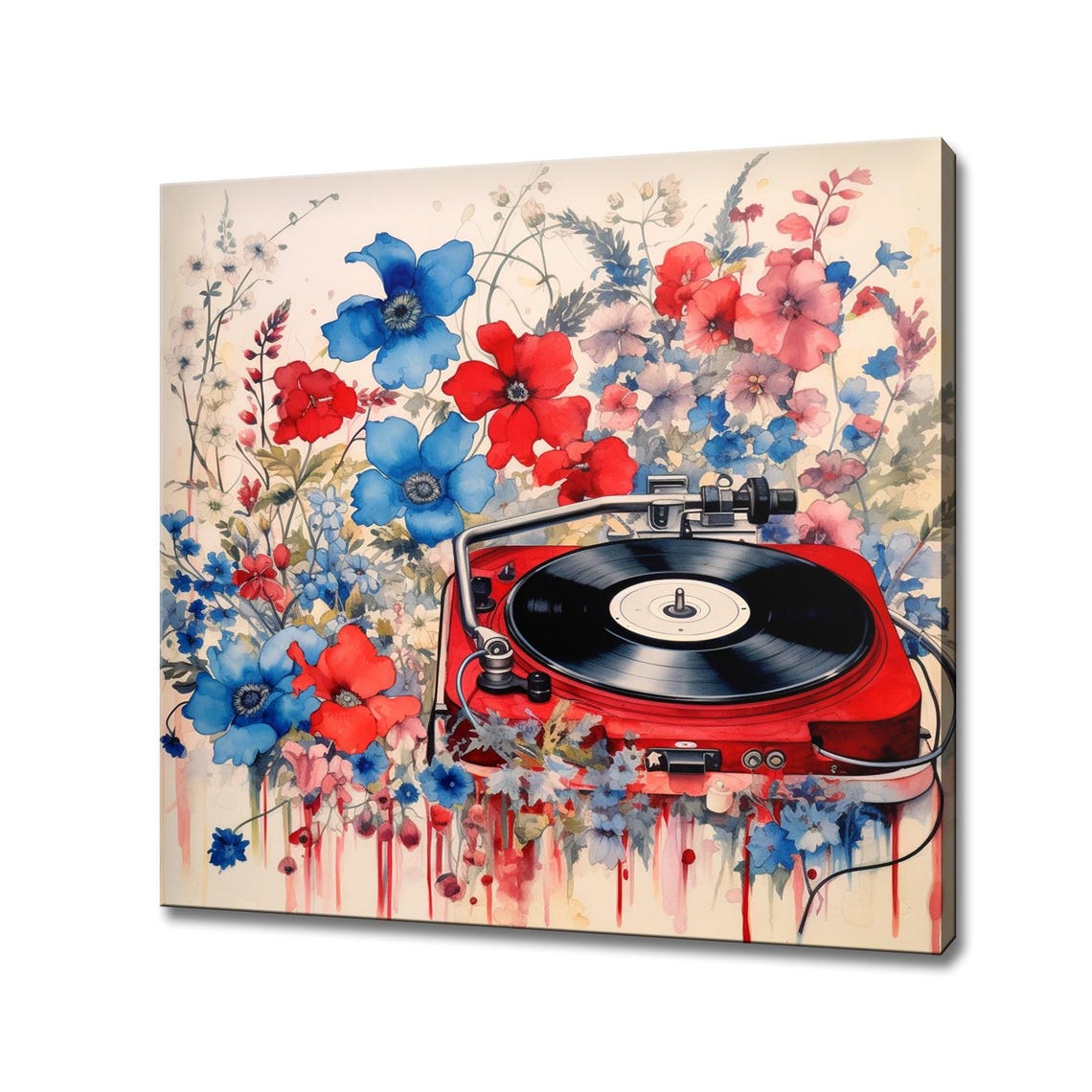 Red Turntable Vinyl Wildflowers Blue Red Watercolor Music Poster