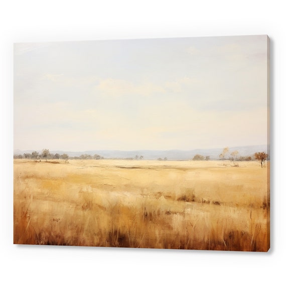 Vintage Country Autumn Landscape Fields Muted Moody Painting Style Print Farmhouse Decor Art Neutral Nature Picture Wall Hanging