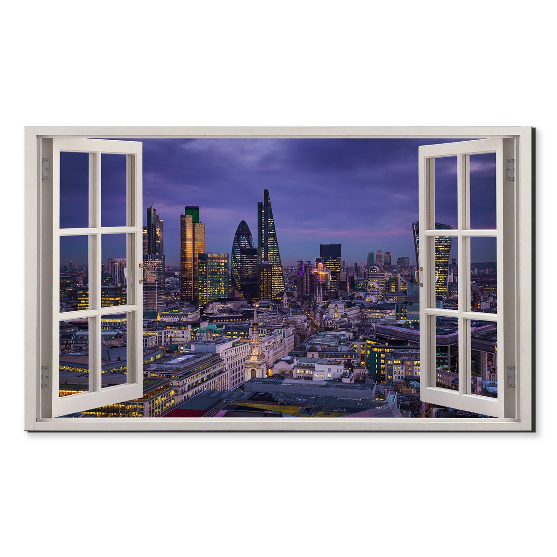 London Skyline At Night Lit Towers Purple Sky Window View Poster