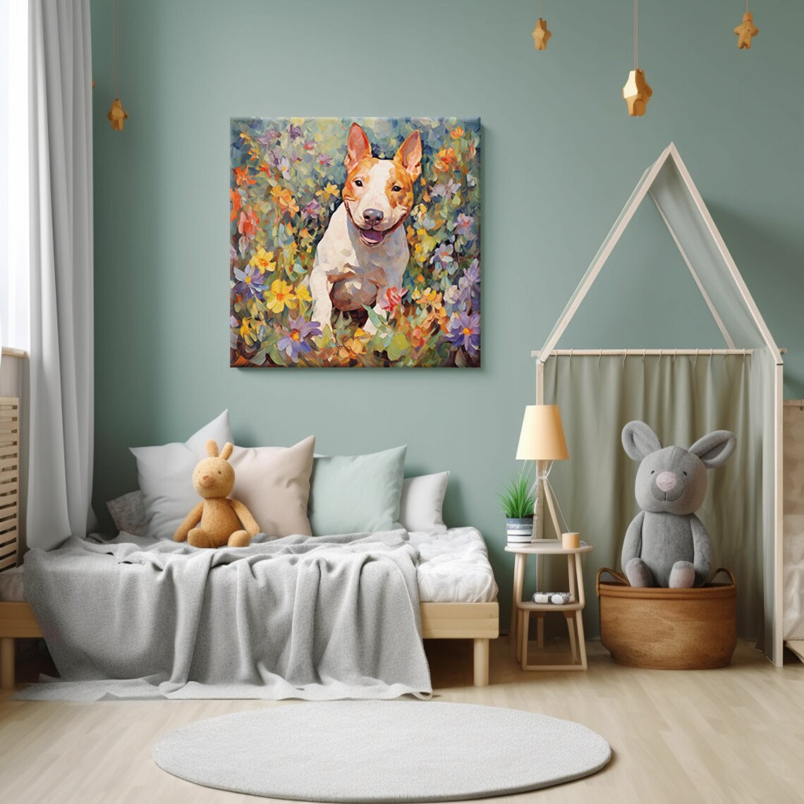 White Bull Terrier Dog In Colorful Flowers Painting Pet Art Print - Image 4