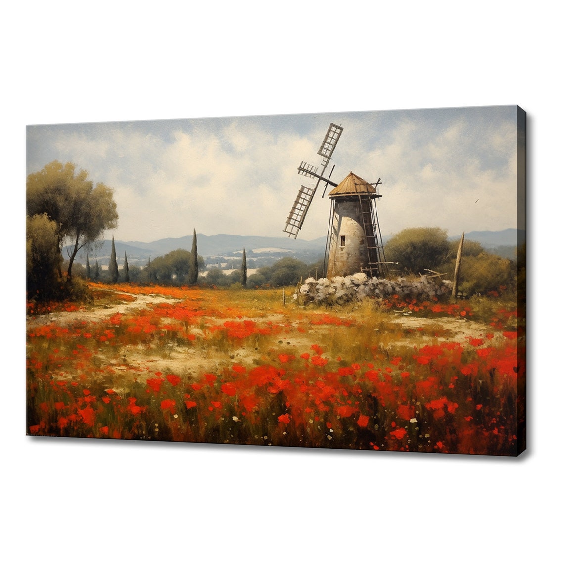 Old Stone Windmill Red Poppy Field Meadow Vintage Countryside Poster