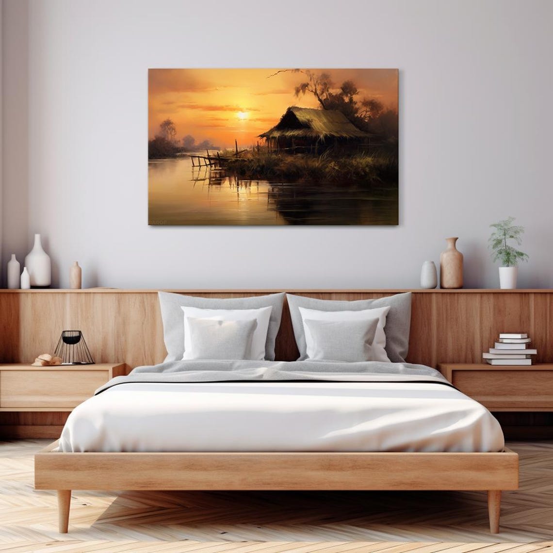 House By The Lake Sunset Vintage Landscape Painting Style Print Farmhouse Decor Art Nature Picture Wall Hanging Fine Art Print - Image 3
