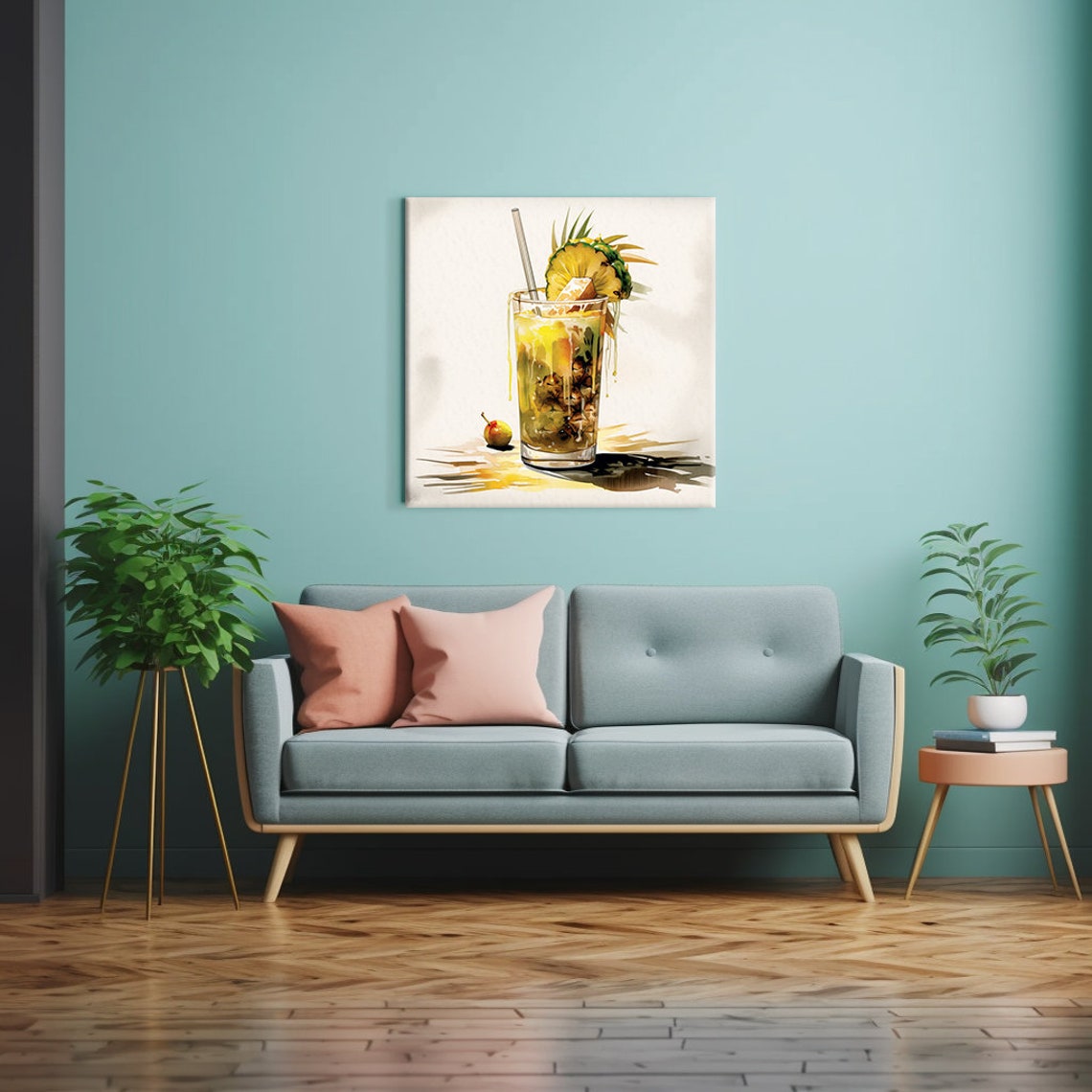 Tropical Pineapple Cocktail Tall Glass Watercolor Bar Wall Art Poster - Image 2