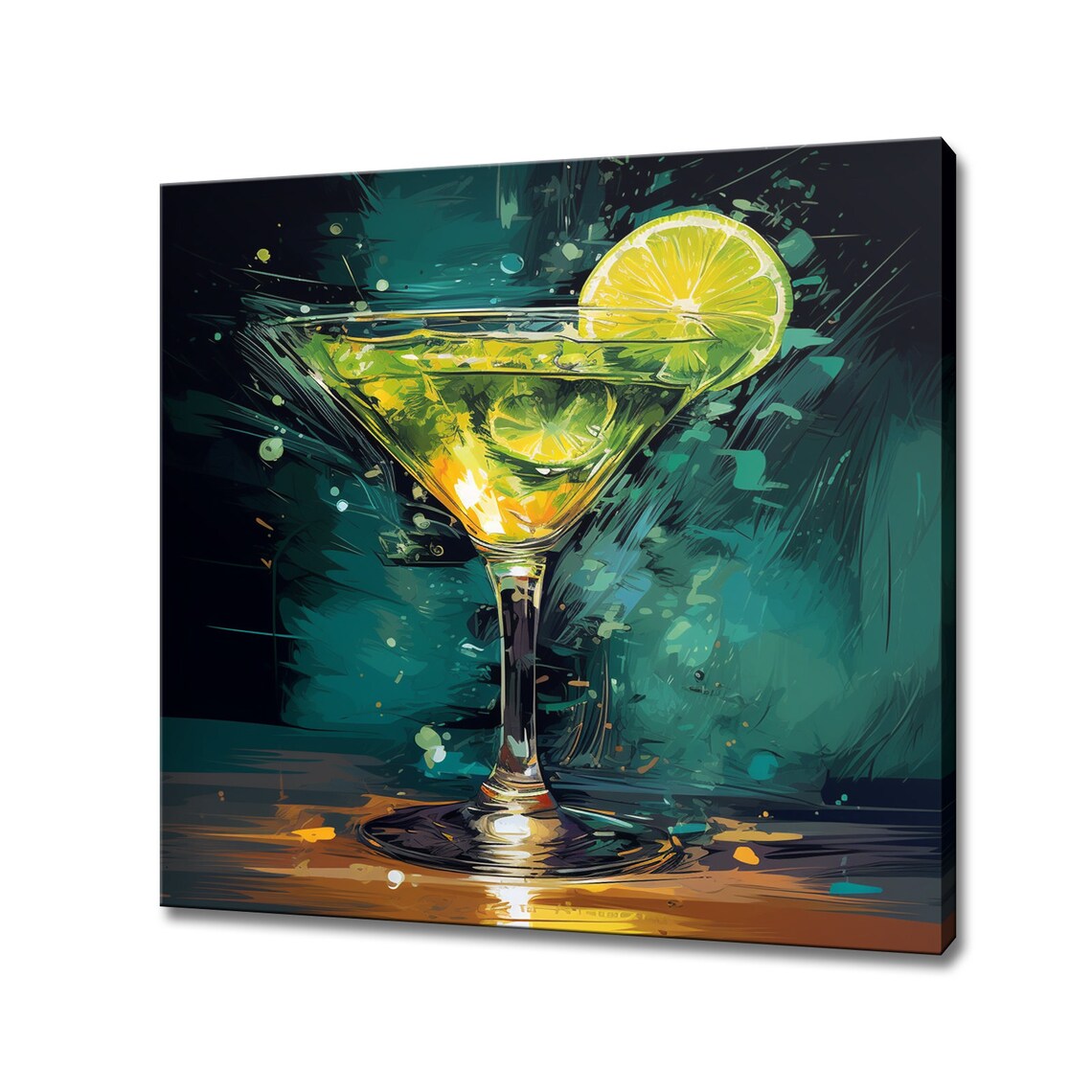 Green Margarita Cocktail Lime Glass Teal Background Wall Print