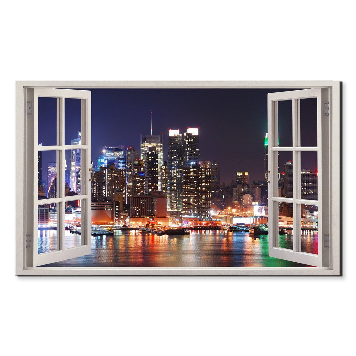 New York City Night Skyline Colorful Lights River Window View Poster