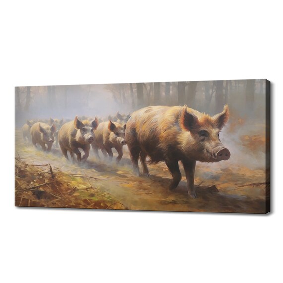 Wild Boars Trotting Through Misty Forest Golden Painted Wildlife Poster