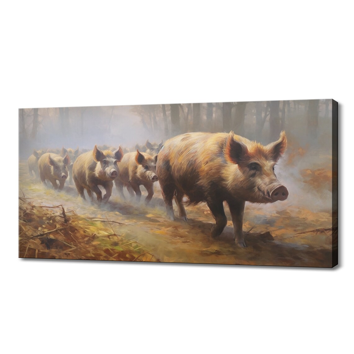 Wild Boars Trotting Through Misty Forest Golden Painted Wildlife Poster