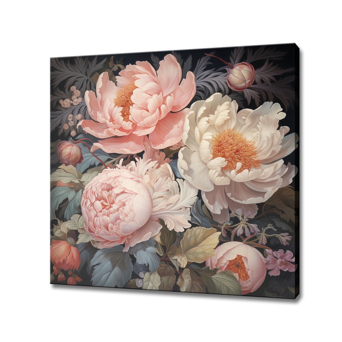 Peach Cream Peonies Vintage Botanical Bouquet Dark Floral Wall Art