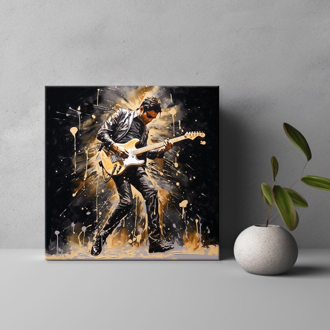 Rock Guitarist Leather Jacket Stage Performance Black Gold Music Poster - Image 3