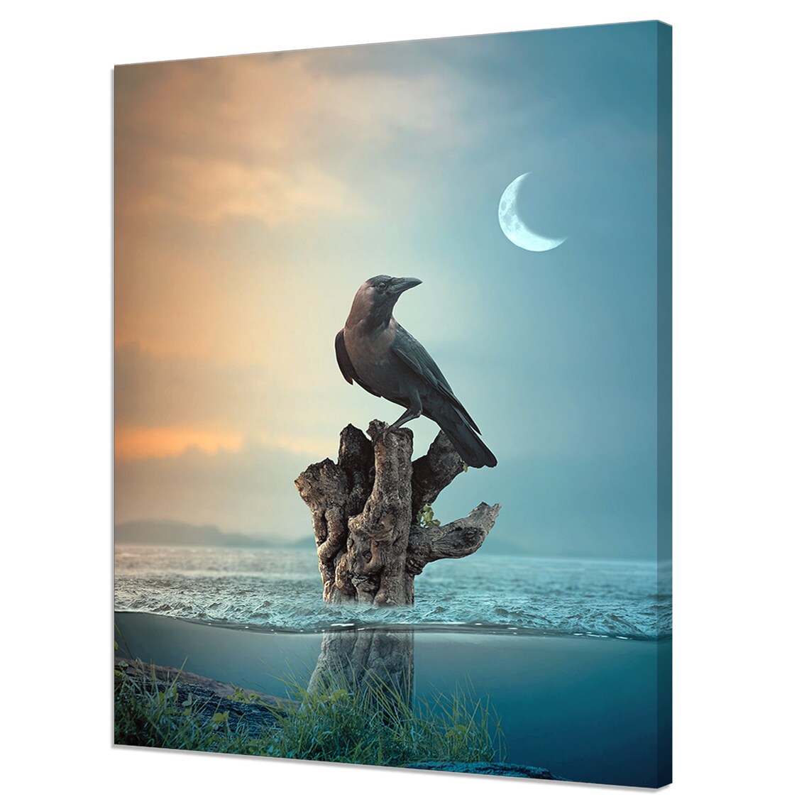 Crow Bird on Tree Branch at Moonlight, Modern Art Print