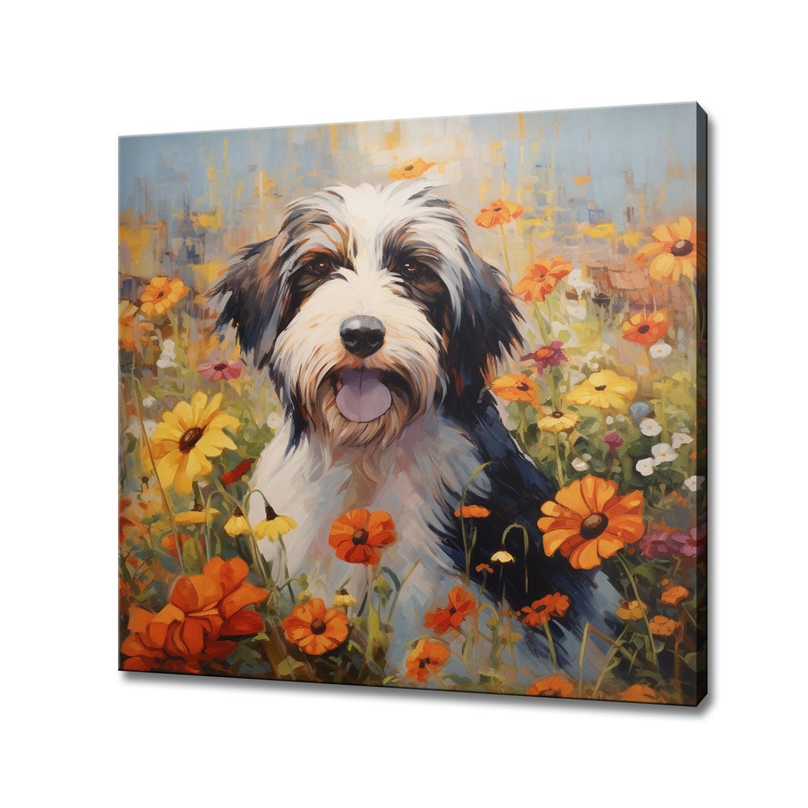 Bearded Collie Puppy In Orange Wildflowers Painterly Dog Art Poster
