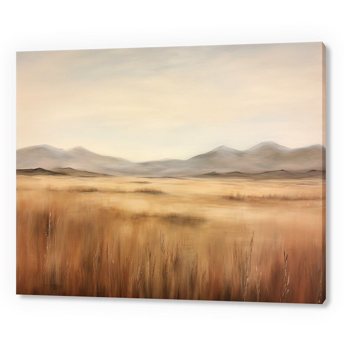 Vintage Country Landscape Autumn Grass Field Mountains Muted Moody Painting Style Print Farmhouse Decor Art Neutral Nature Picture