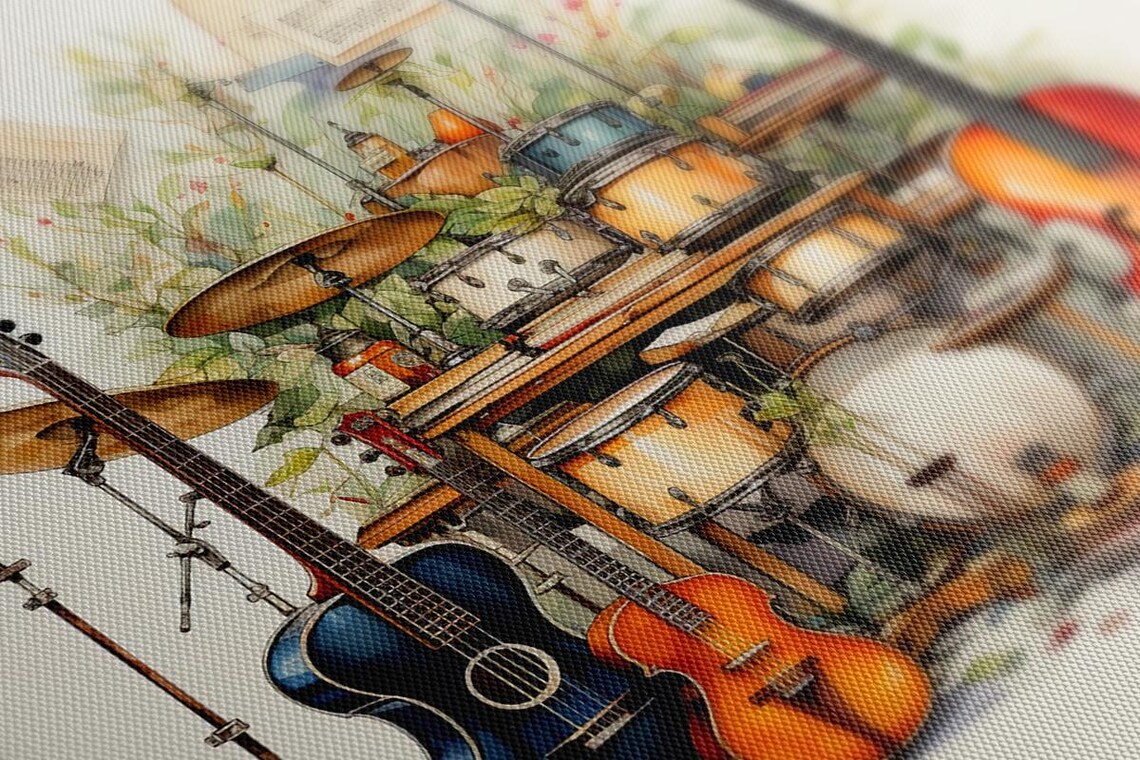 Watercolor Band Instruments Guitars Drums Cello Sheet Music Poster - Image 3