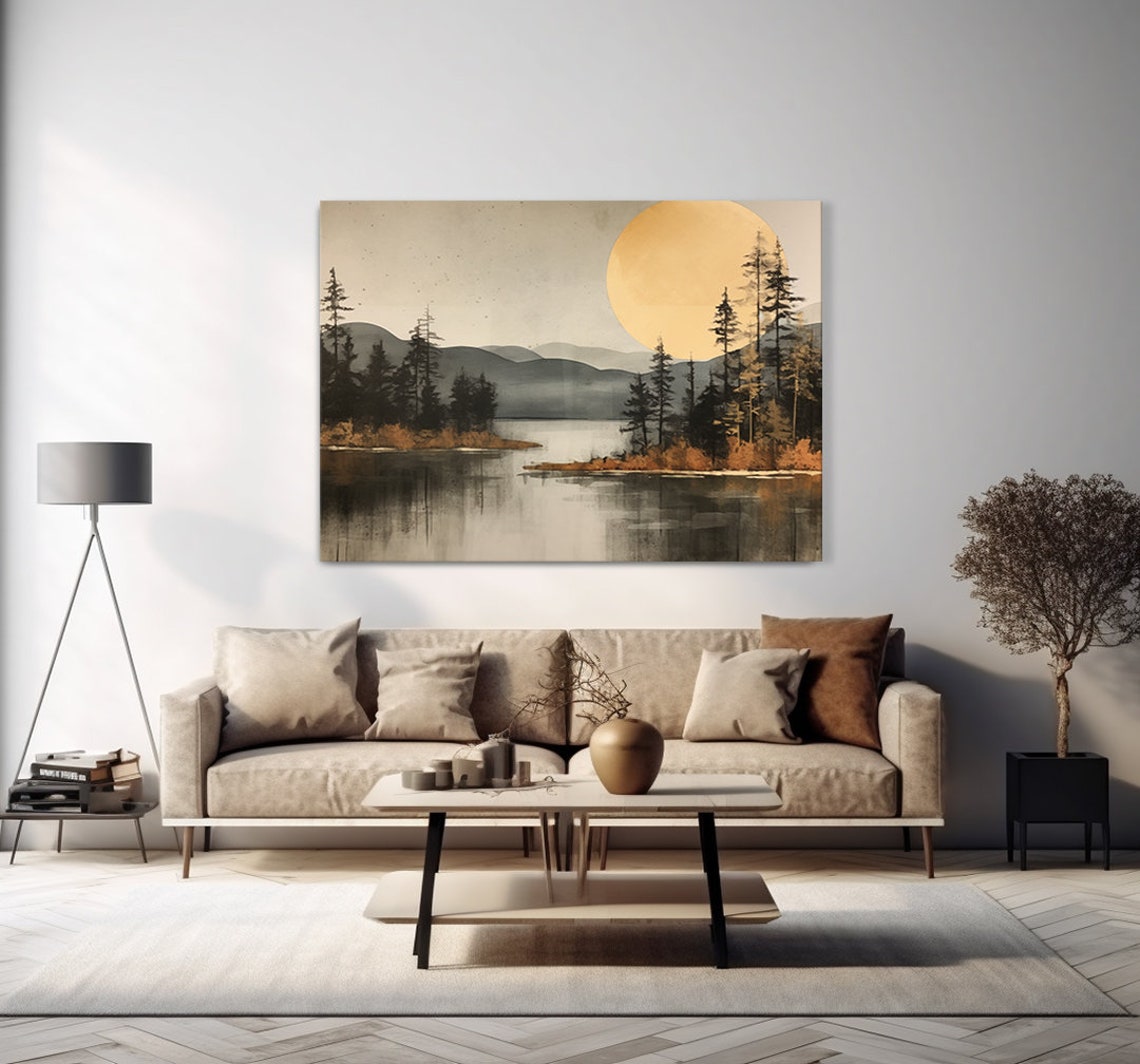 Golden Moon Over Misty Pine Lake Minimalist Japanese Style Poster - Image 4