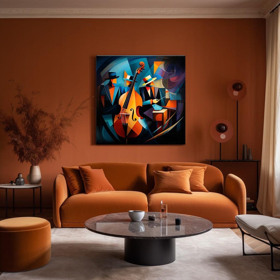 Cubist Jazz Double Bass Player Drums Blue Orange Abstract Music Poster - Image 4