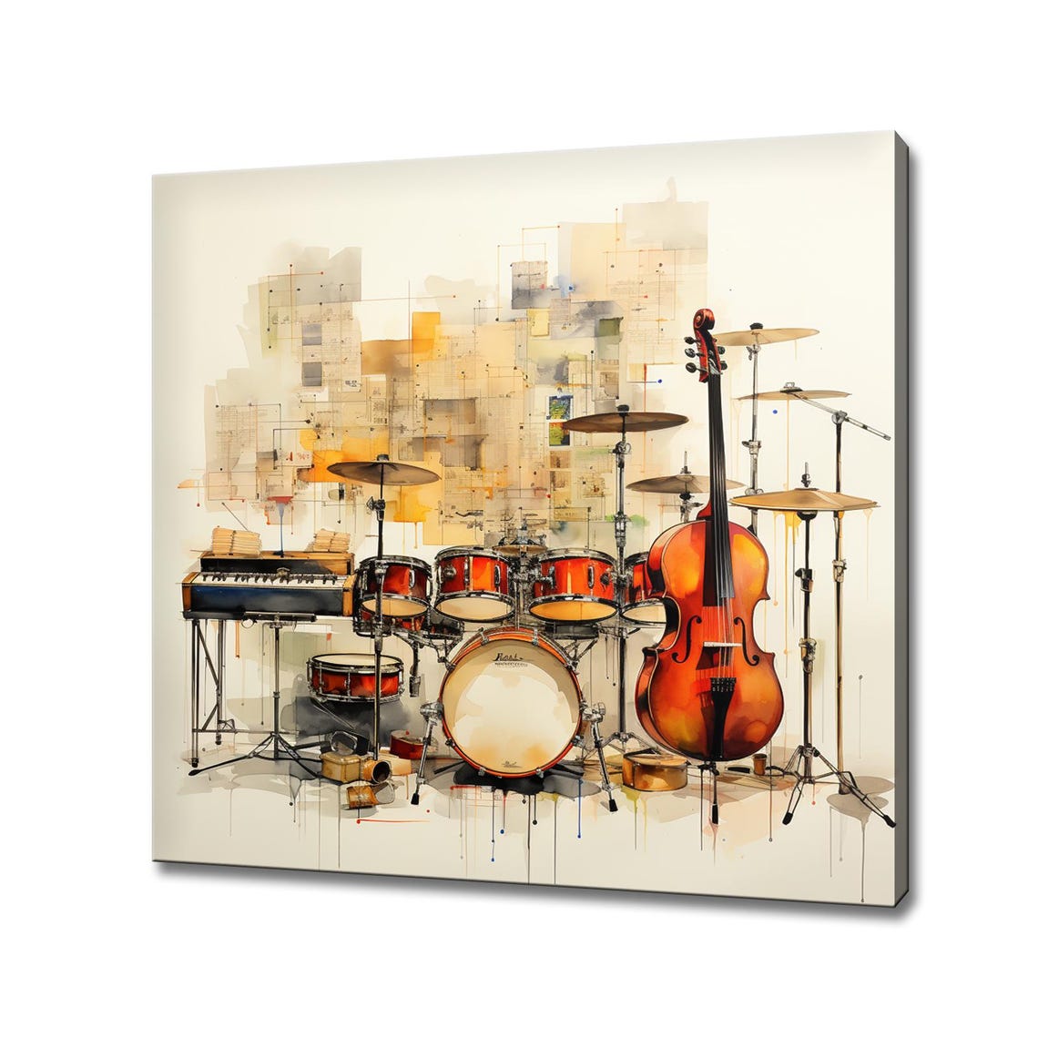 Drum Kit Double Bass Watercolor Sepia Musical Instruments Art Poster