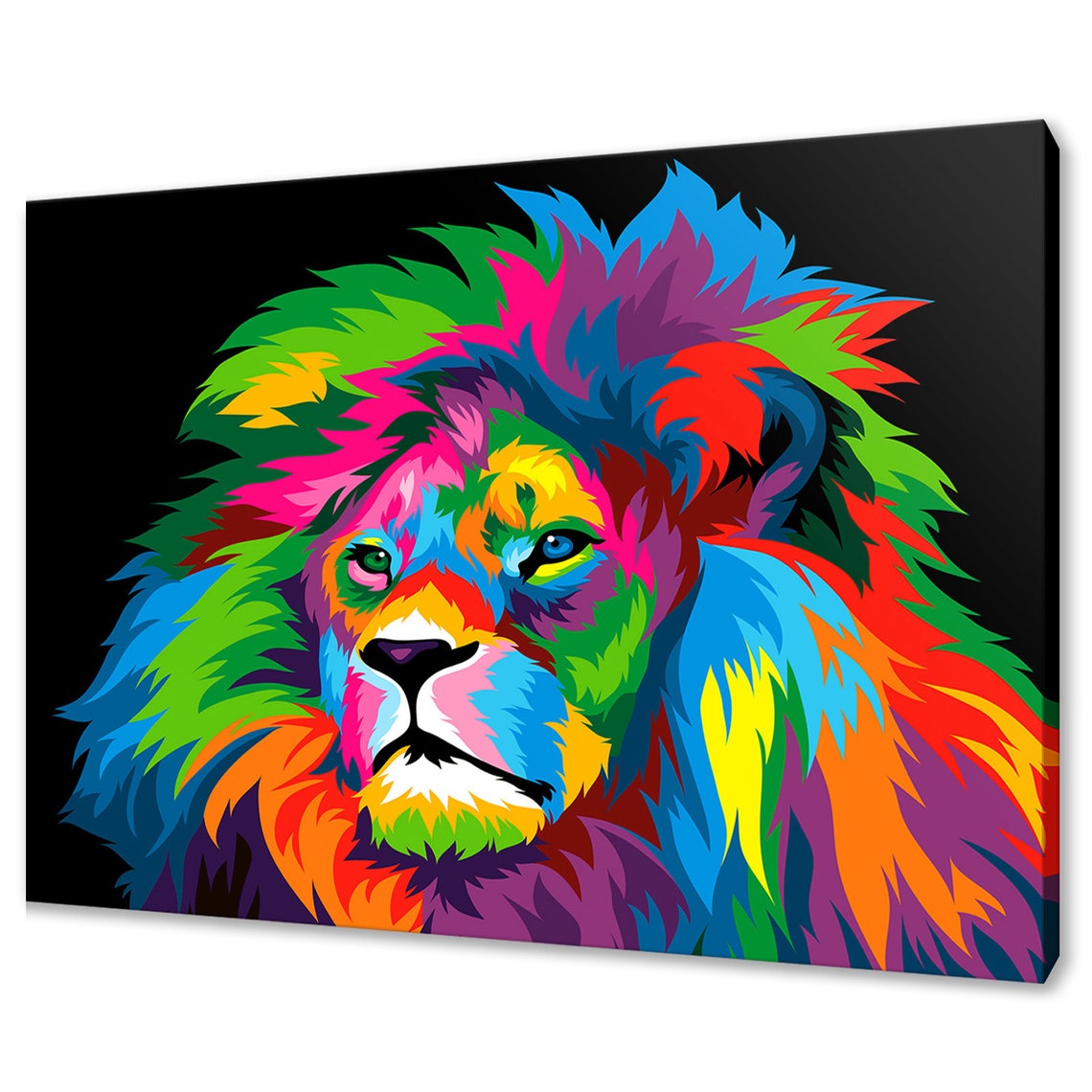 Colourful Abstract Lion Face Portrait Black Background Wall Art Poster