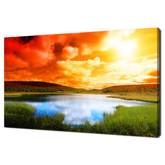 Dramatic Orange Red Sunset Over The Blue Lake Modern Design Home Decor Print Wall Art Picture Wall Hanging