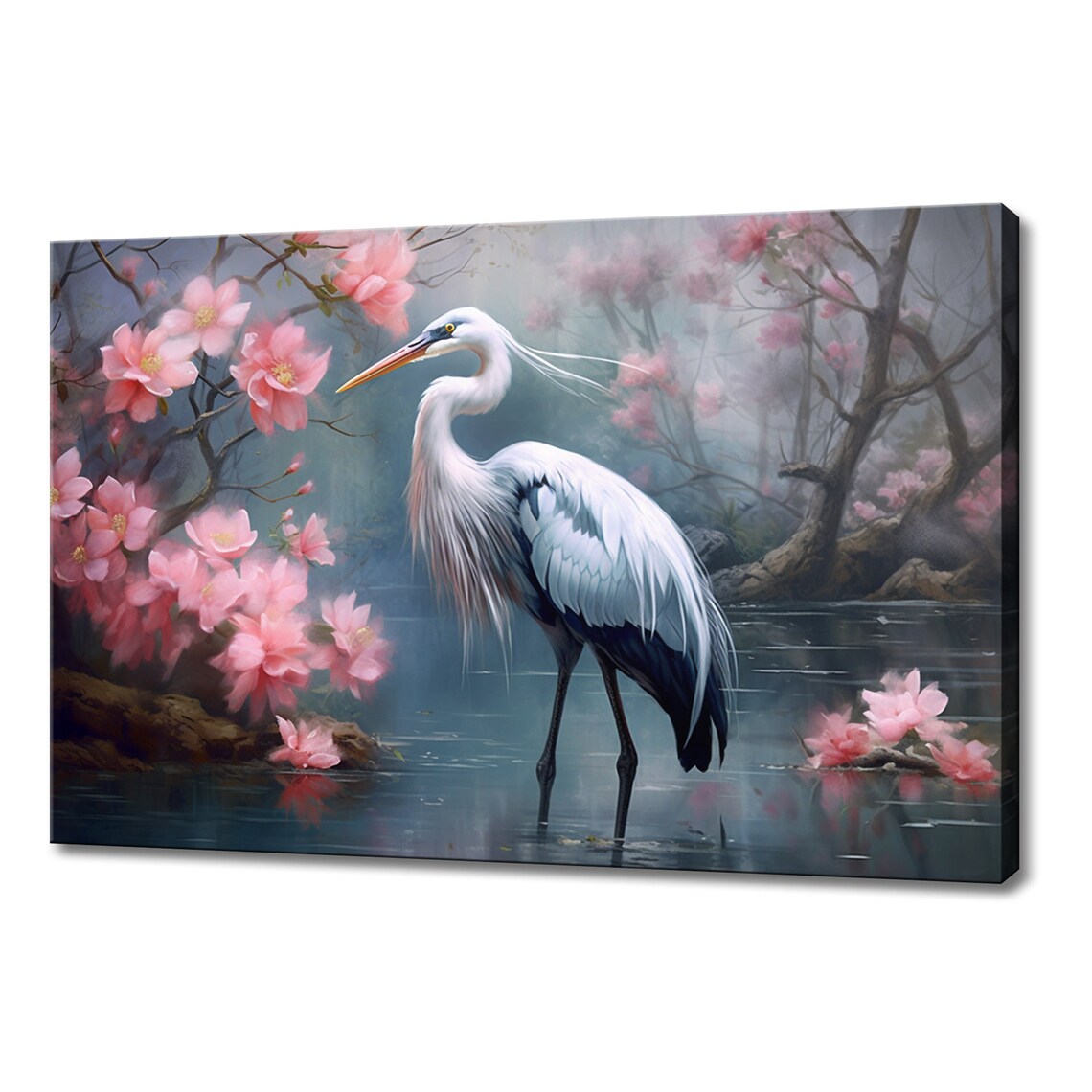 Great Blue Heron Standing Misty Water Pink Blossom Art Painting Poster